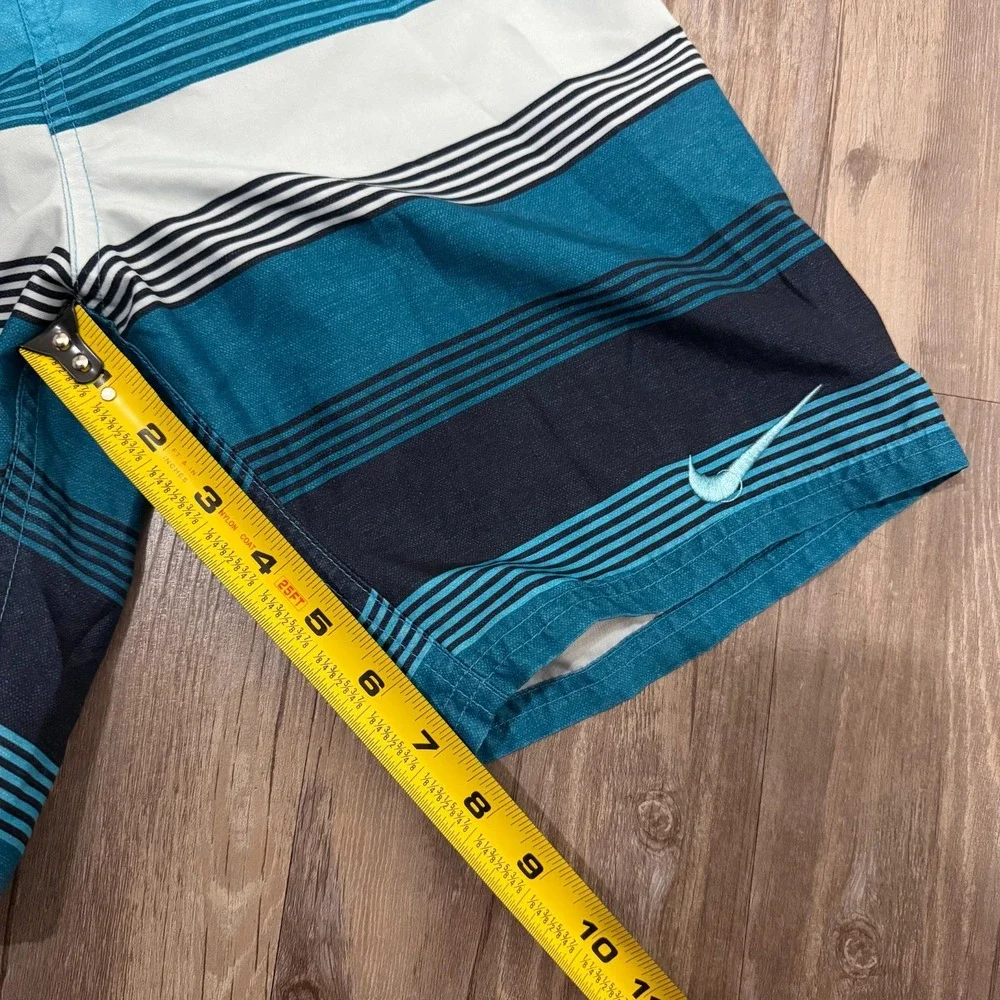 Nike Just‎ Do It Trunks Shorts Boys Teal Blue Striped Drawstring Beach Swimwear